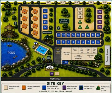 Map of Parkers Crossroads RV Park and Campground off I-40 in West Tennessee